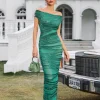 Eryx Off Shoulder Rhinestone Mesh Maxi Dress In Green