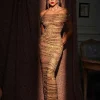 Eryx Off Shoulder Rhinestone Mesh Maxi Dress