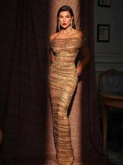Eryx Off Shoulder Rhinestone Mesh Maxi Dress