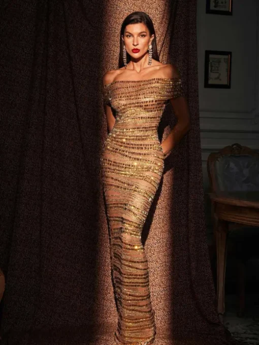 Eryx Off Shoulder Rhinestone Mesh Maxi Dress