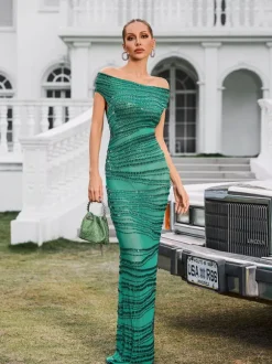 Eryx Off Shoulder Rhinestone Mesh Maxi Dress In Green