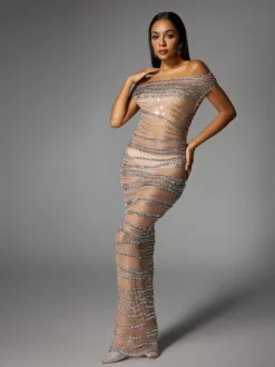 Eryx Off Shoulder Rhinestone Mesh Maxi Dress In Nude
