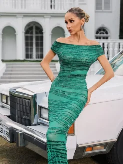 Eryx Off Shoulder Rhinestone Mesh Maxi Dress In Green