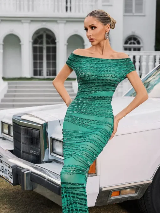 Eryx Off Shoulder Rhinestone Mesh Maxi Dress In Green