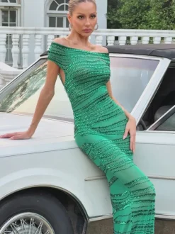 Eryx Off Shoulder Rhinestone Mesh Maxi Dress In Green