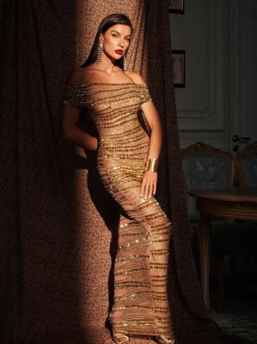 Eryx Off Shoulder Rhinestone Mesh Maxi Dress
