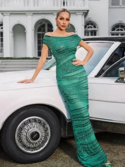 Eryx Off Shoulder Rhinestone Mesh Maxi Dress In Green