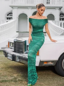 Eryx Off Shoulder Rhinestone Mesh Maxi Dress In Green