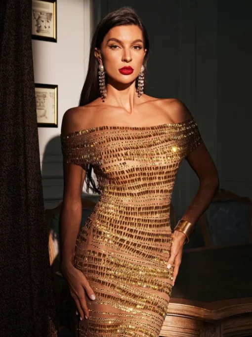 Eryx Off Shoulder Rhinestone Mesh Maxi Dress