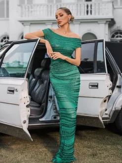 Eryx Off Shoulder Rhinestone Mesh Maxi Dress In Green