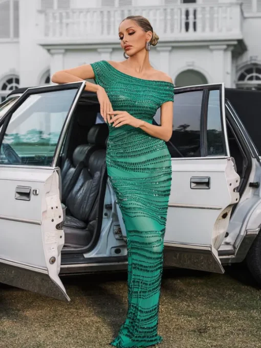 Eryx Off Shoulder Rhinestone Mesh Maxi Dress In Green