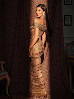 Eryx Off Shoulder Rhinestone Mesh Maxi Dress