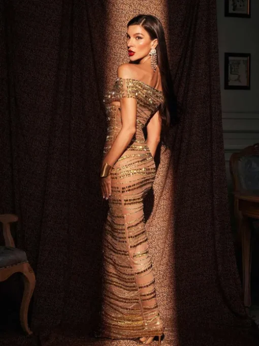 Eryx Off Shoulder Rhinestone Mesh Maxi Dress