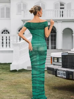 Eryx Off Shoulder Rhinestone Mesh Maxi Dress In Green