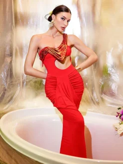 Esaac Metallic Drapery Armor Top In Red