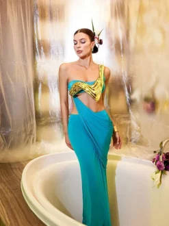 Esaac Metallic Drapery Armor Top In Gold
