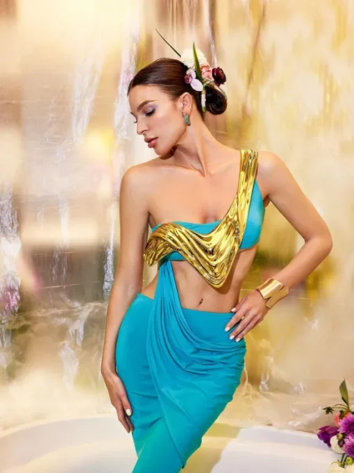 Esaac Metallic Drapery Armor Top In Gold