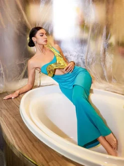 Esaac Metallic Drapery Armor Top In Gold