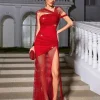 Faelyx Sleeveless Split Diamond Mesh Maxi Dress