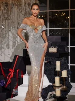 Fawon Off Shoulder Cutout Sequin Maxi Dress