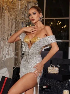 Fawon Off Shoulder Cutout Sequin Maxi Dress