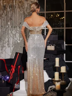 Fawon Off Shoulder Cutout Sequin Maxi Dress