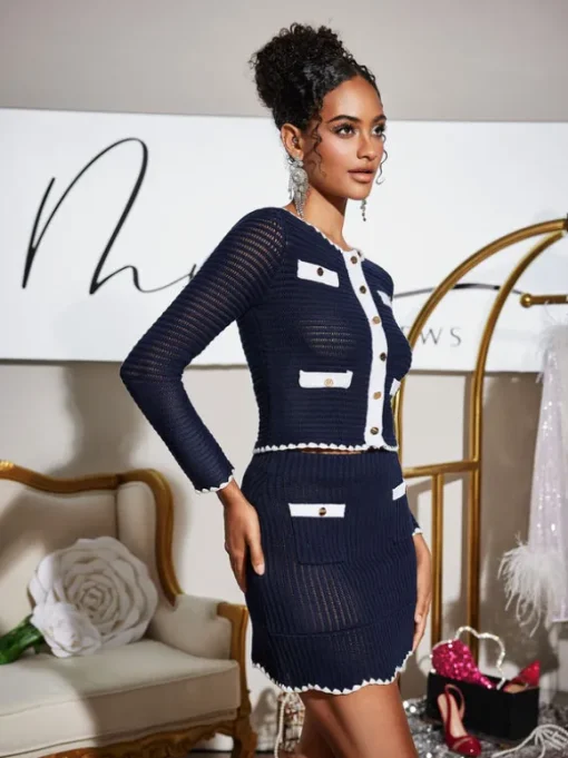 Flieen Corded Button Up Knitted Skirt Set