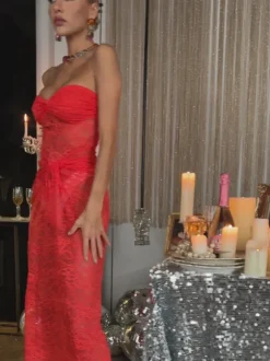 Flossie Strapless Twisted Lace Dress In Orange