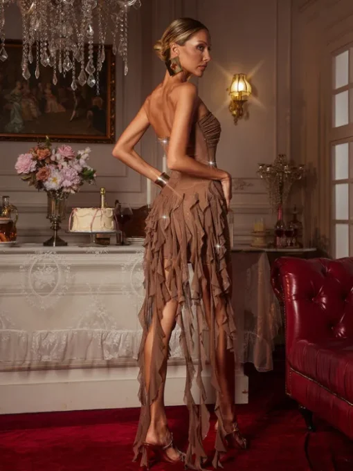 Gafna Strapless Crystal Draped Mesh Dress