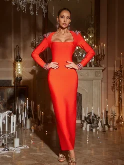 Gaiva Square Collar Rhinestone Bandage Maxi Dress