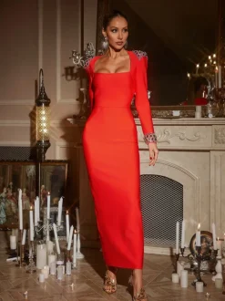 Gaiva Square Collar Rhinestone Bandage Maxi Dress