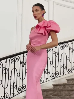 Galette One Shoulder Bow Bandage Maxi Dress