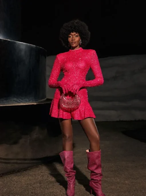 Gali Sequin Gloves Mini Dress In Hot Pink