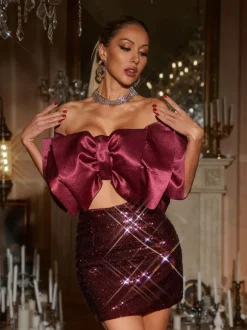 Gábri Off Shoulder Bow Sequin Skirt Set