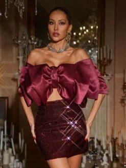 Gábri Off Shoulder Bow Sequin Skirt Set