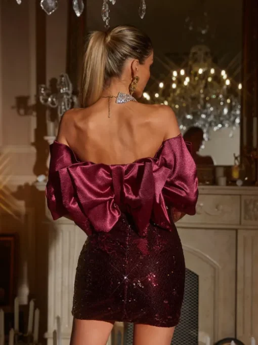 Gábri Off Shoulder Bow Sequin Skirt Set
