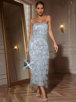 Gerardi Strapless Sequin Fringe Midi Dress