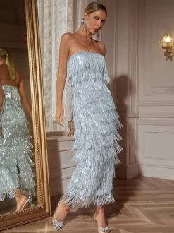 Gerardi Strapless Sequin Fringe Midi Dress