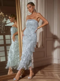 Gerardi Strapless Sequin Fringe Midi Dress