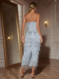 Gerardi Strapless Sequin Fringe Midi Dress