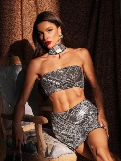 Gioia Rhinestone Mesh Skirt Set With Choker