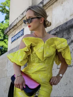 Giselle Jacquard Off Shoulder Midi Dress In Yellow