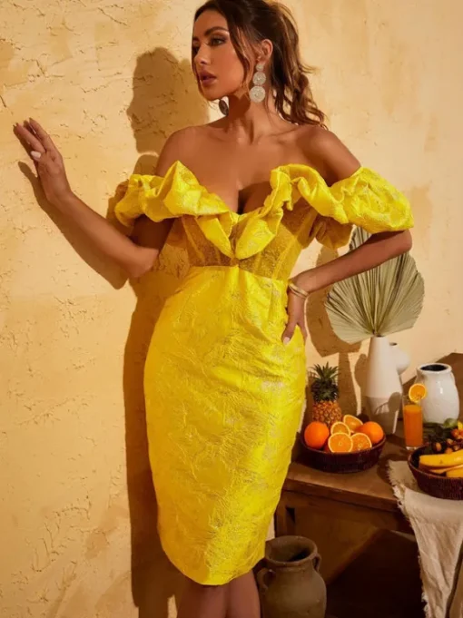 Giselle Jacquard Off Shoulder Midi Dress In Yellow