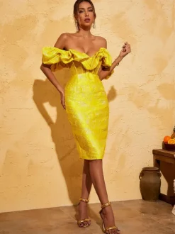 Giselle Jacquard Off Shoulder Midi Dress In Yellow