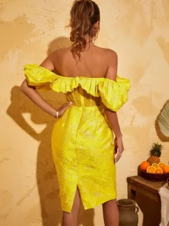 Giselle Jacquard Off Shoulder Midi Dress In Yellow