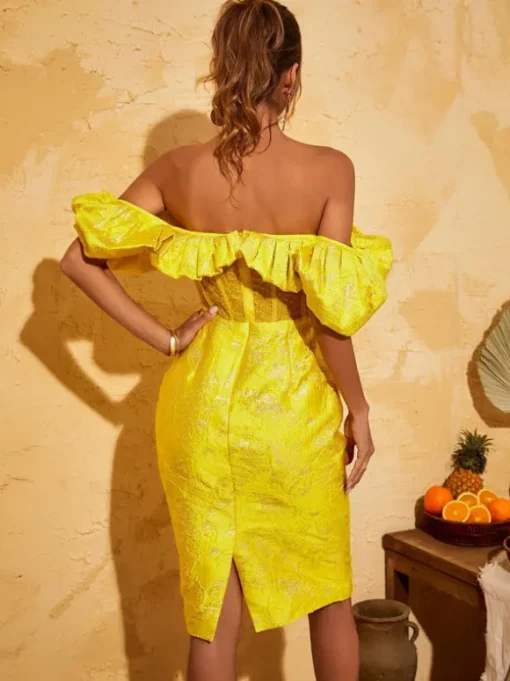 Giselle Jacquard Off Shoulder Midi Dress In Yellow