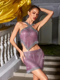 Glenn Crystal Chainmail Skirt Set In Purple