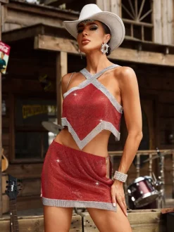 Glenn Crystal Chainmail Skirt Set In Red