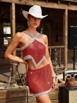 Glenn Crystal Chainmail Skirt Set In Red