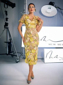 Grayson Flower Embroidered Midi Dress In Yellow